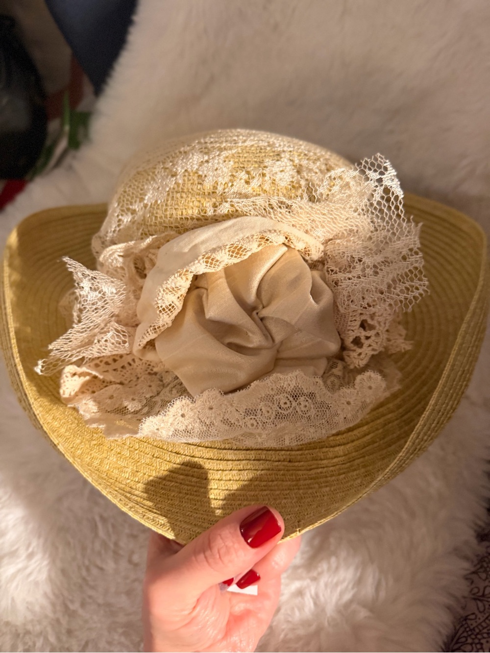 Lace-Trim Straw Sun Hat with Soft Rosette - Beige vintage Jacobsons